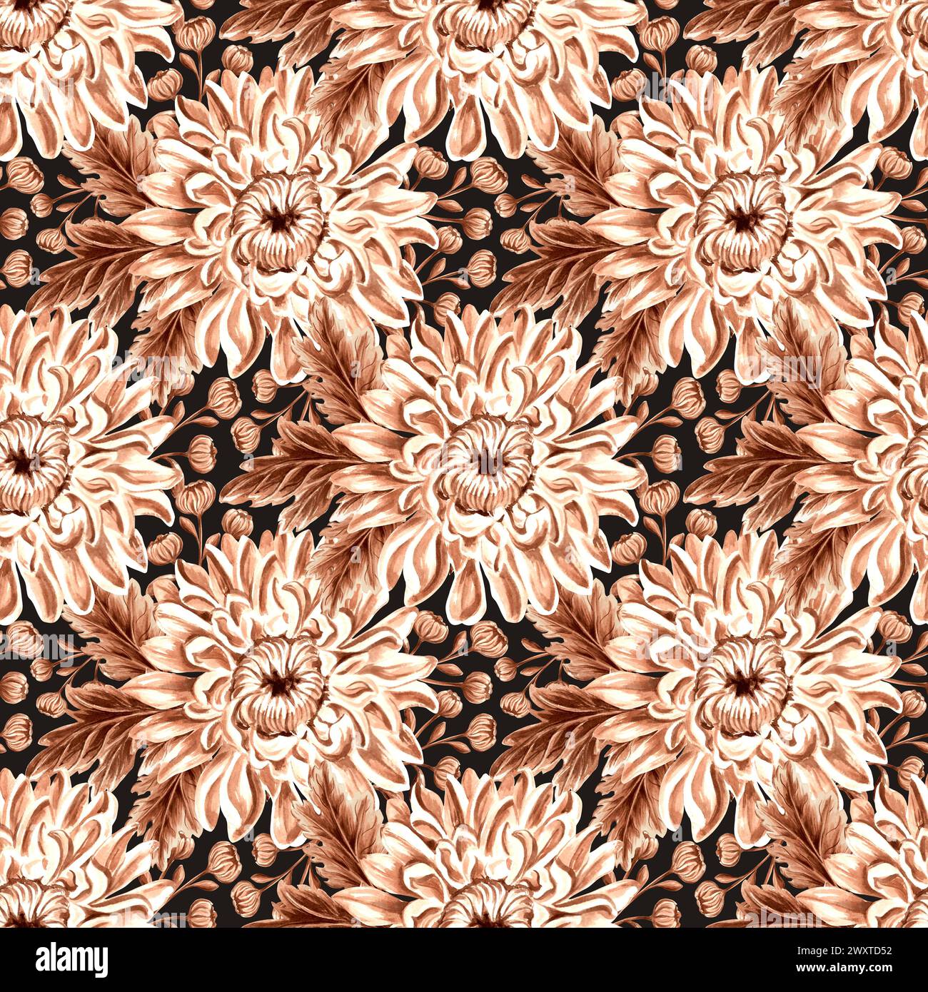 Modèle sans couture monochrome de chrysanthème avec des feuilles sur fond sombre. Illustration d'aquarelle dessinée à la main de couleur brune. Fleurs de jardin. Templat Banque D'Images
