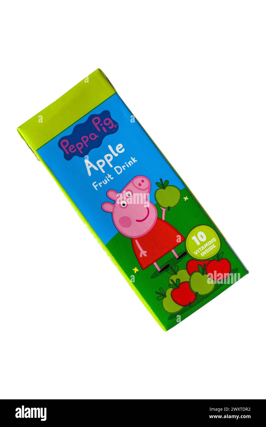 Carton de boisson aux fruits de pomme Peppa Pig isolé sur fond blanc - jus de boisson aux fruits de pomme avec édulcorant vitaminé ajouté et sucre Banque D'Images