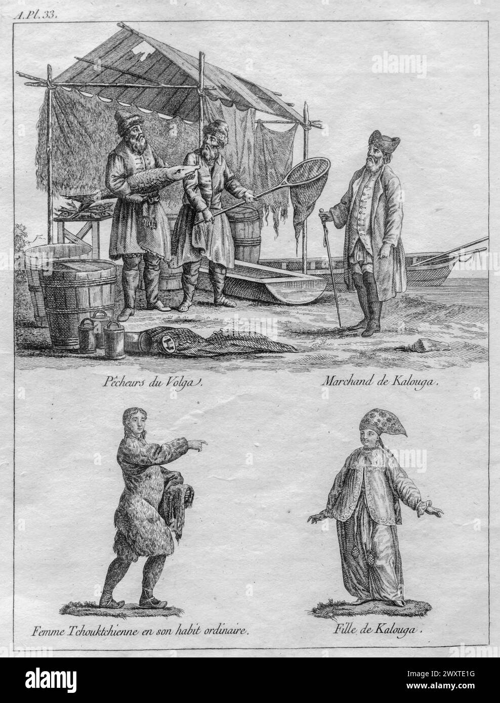 Volga Fishermen, image tirée du livre d'etnographie du 18ème siècle, musée Kaluga, Kaluga, Russie Banque D'Images