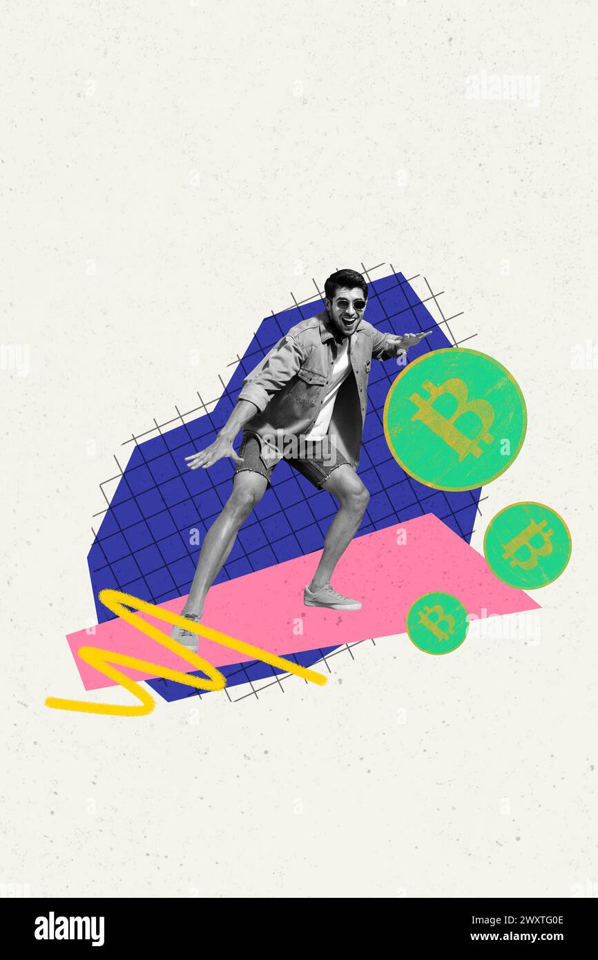 Collage d'image créatif vertical jeune homme joyeux surfer rider skate bitcoin trader investisseur commercial réussi Deal jetons de revenu Banque D'Images