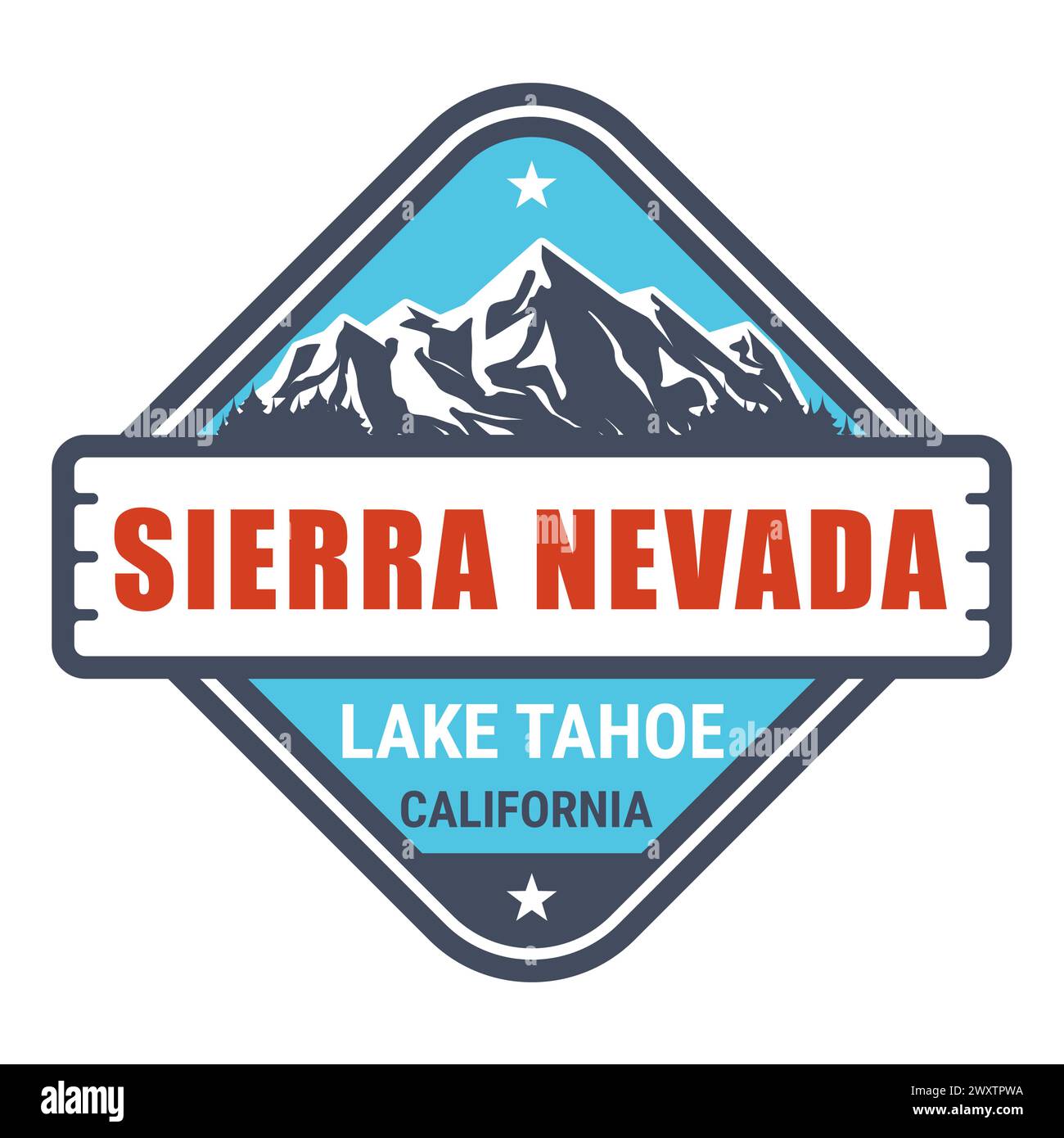 Sierra Nevada USA chaîne de montagnes, Californie, emblème avec le lac tahoe et les montagnes couvertes de neige, vecteur Illustration de Vecteur