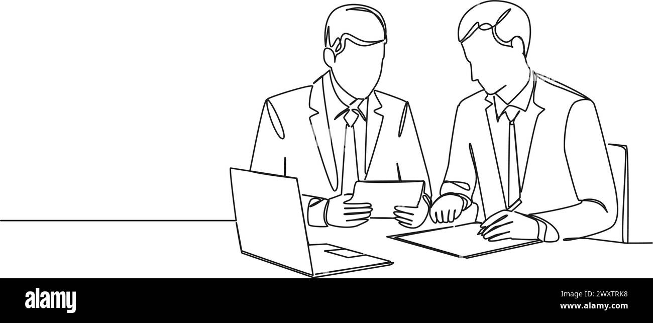 dessin simple continu de deux hommes d'affaires dans la réunion, illustration vectorielle d'art au trait Illustration de Vecteur