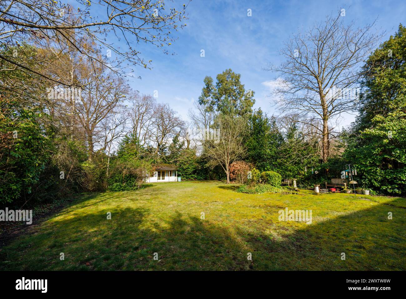 Summerhouse au bout d'un jardin de banlieue dans le Surrey au début du printemps avec des arbres sans feuilles Banque D'Images
