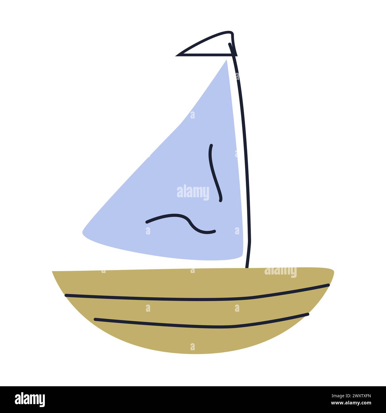 Bateau dessiné à la main dans l'icône de vecteur doodle de couleur bleue et or isolé. Illustration vectorielle peut être utilisée pour la douche de bébé garçon dans le style nautique, affiche ou carte Illustration de Vecteur