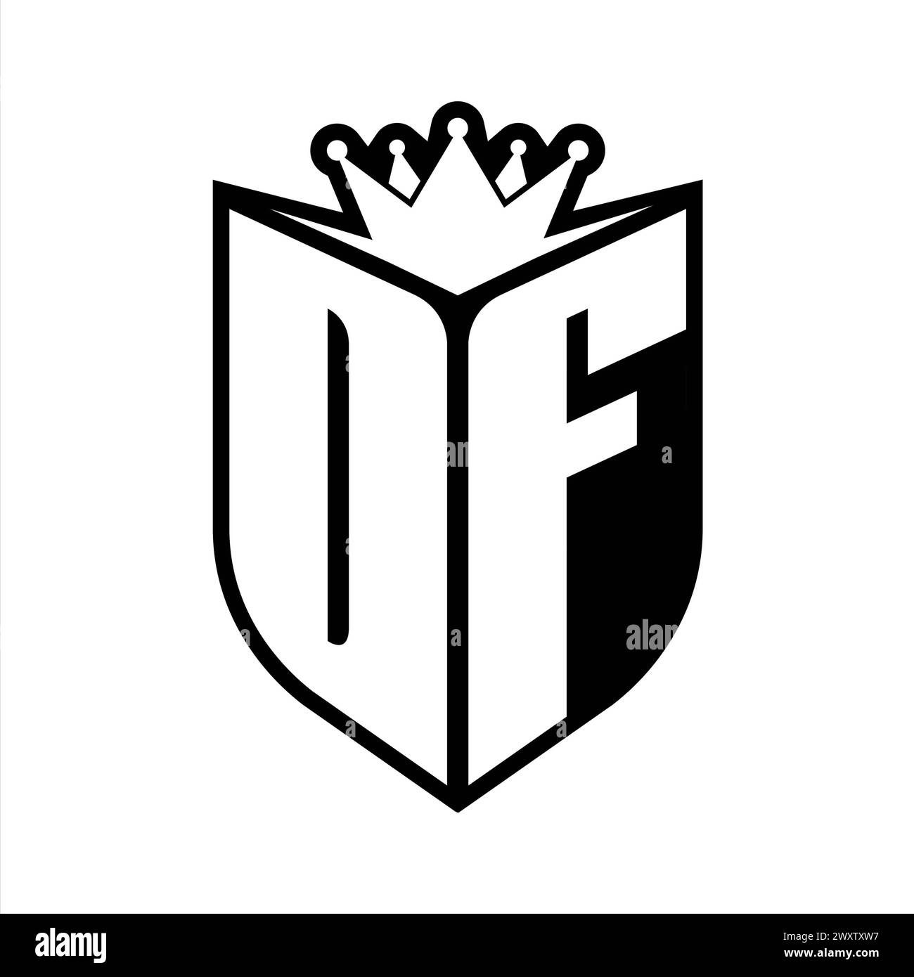 Monogramme en gras lettre DF avec forme de bouclier et couronne pointue à l'intérieur du bouclier modèle de conception de couleur noir et blanc Banque D'Images