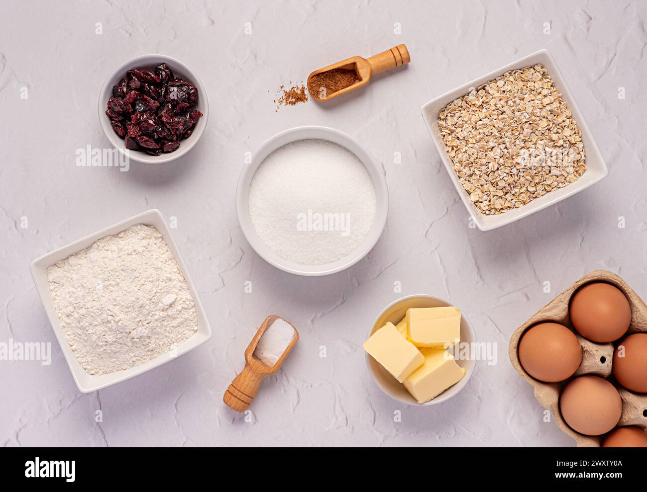 Photographie alimentaire des ingrédients bruts de biscuits d'avoine, biscuit, pâte, oeuf, sucre, farine blanche, beurre, canneberges séchées, vanille, cuisson au four, boulangerie Banque D'Images