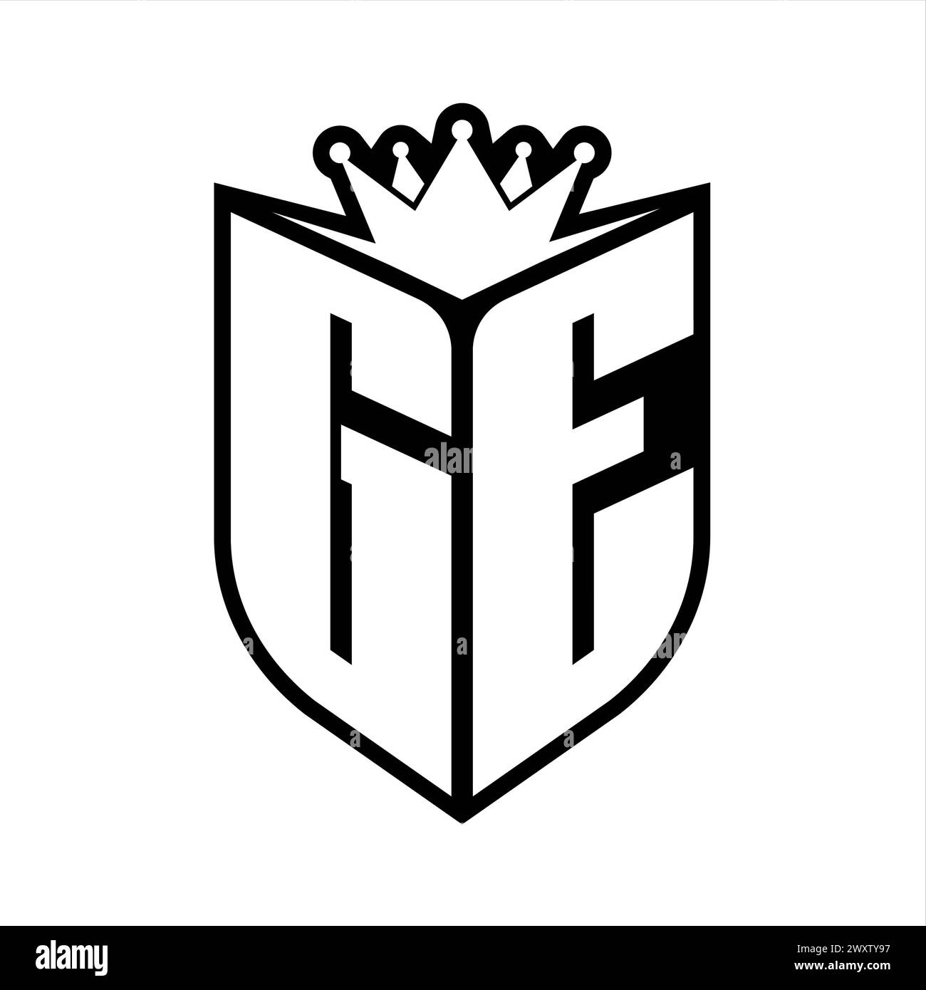 Monogramme en gras lettre GE avec forme de bouclier et couronne pointue à l'intérieur du bouclier modèle de conception de couleur noir et blanc Banque D'Images