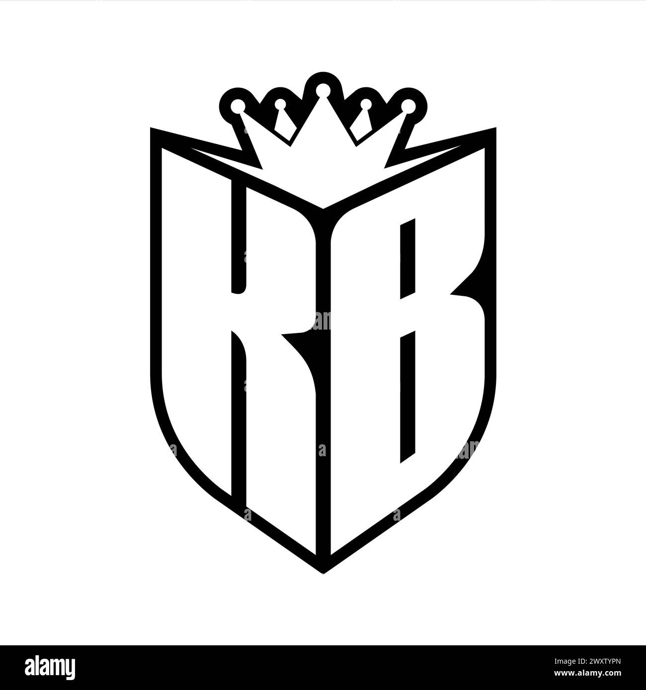 Lettre KB monogramme en gras avec forme de bouclier et couronne pointue à l'intérieur du bouclier modèle de conception de couleur noir et blanc Banque D'Images