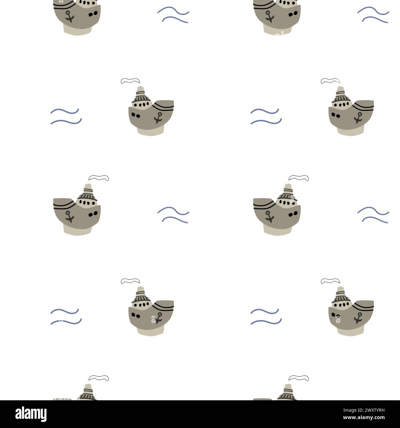 Motif bébé marin mignon avec navire et autres éléments nautiques. Imprimé marin vectoriel sans couture pour textile, tissu, pépinière. Illustration vectorielle du bateau an Illustration de Vecteur