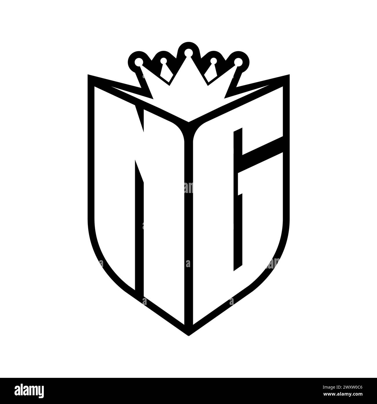 Monogramme en gras lettre NG avec forme de bouclier et couronne pointue à l'intérieur du bouclier modèle de conception de couleur noir et blanc Banque D'Images