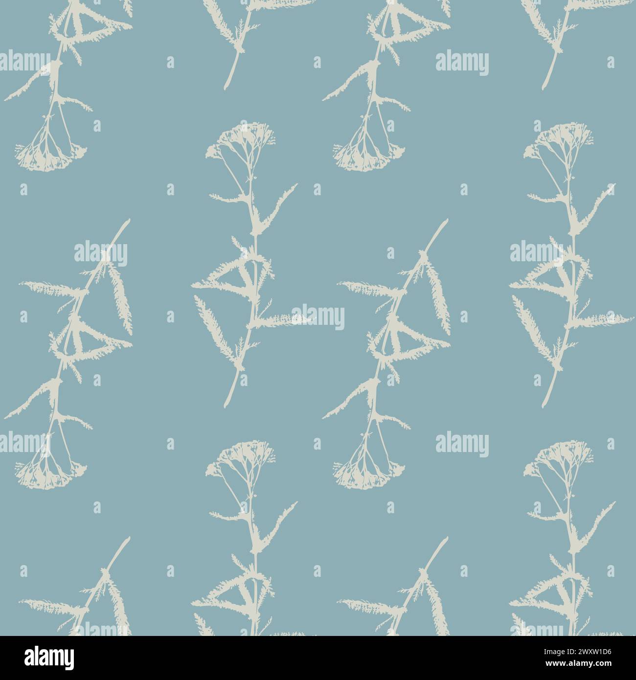 Achillea Yarrow pattern, impression de silhouette d'herbe avec des fleurs d'Achillea Millefolium sur fond pastel bleu. Illustration vectorielle Illustration de Vecteur