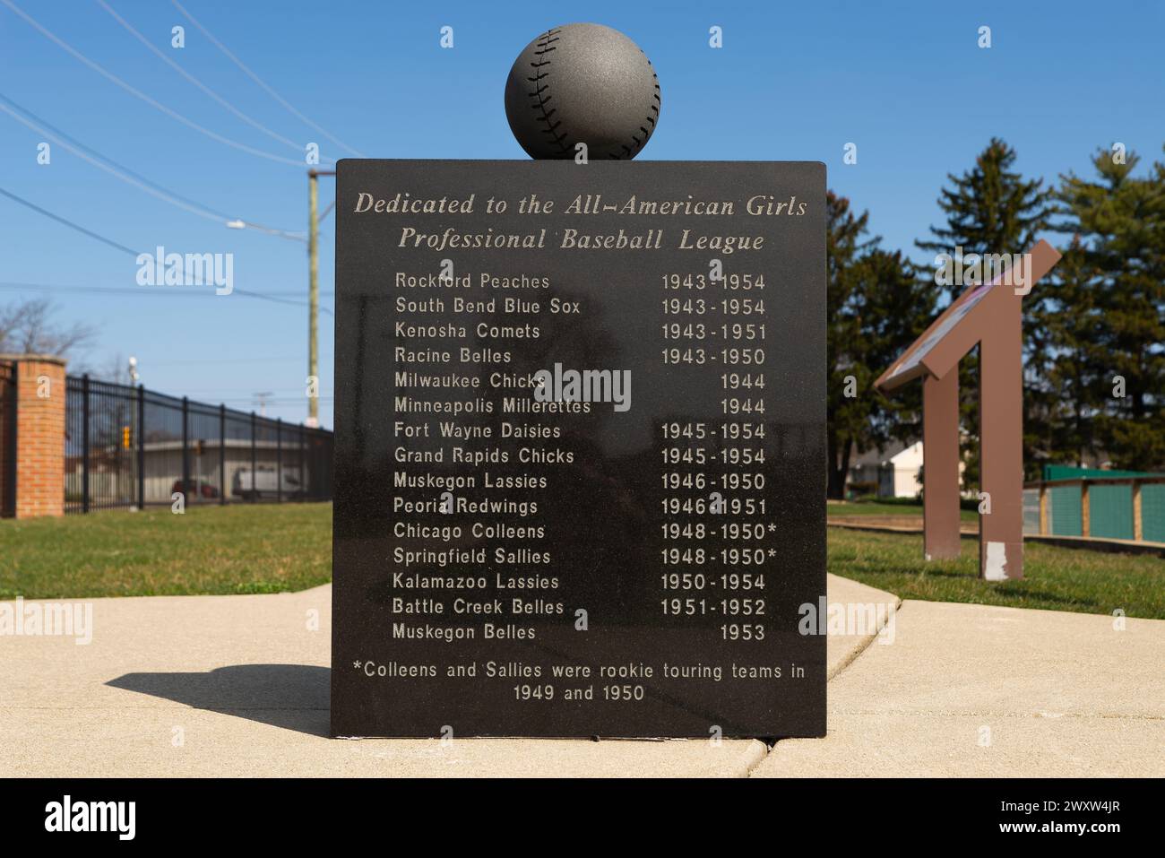 Rockford, Illinois - États-Unis - 28 mars 2024 : monument de baseball au stade Beyer Peaches à Rockford, Illinois, États-Unis. Banque D'Images