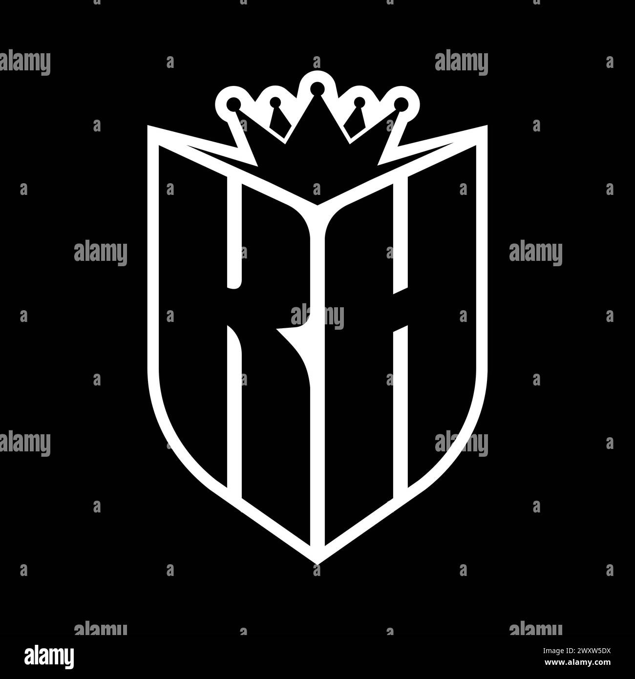 Lettre KH monogramme gras avec forme de bouclier et couronne pointue à l'intérieur du bouclier modèle de conception de couleur noir et blanc Banque D'Images
