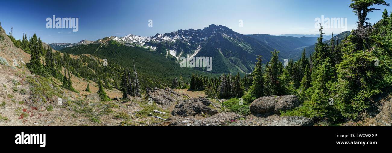 Pacific Crest Trail. Une vue panoramique sur une chaîne de montagnes avec des sommets enneigés et des arbres verdoyants. Le ciel est clair et bleu, et les montagnes Ar Banque D'Images