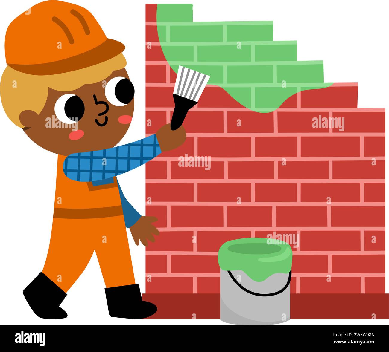 Constructeur de dessin animé vectoriel peignant le mur de briques avec la peinture verte. Illustration mignonne réparateur pour les enfants isolés sur fond blanc. Travailleur drôle dans le casque Illustration de Vecteur