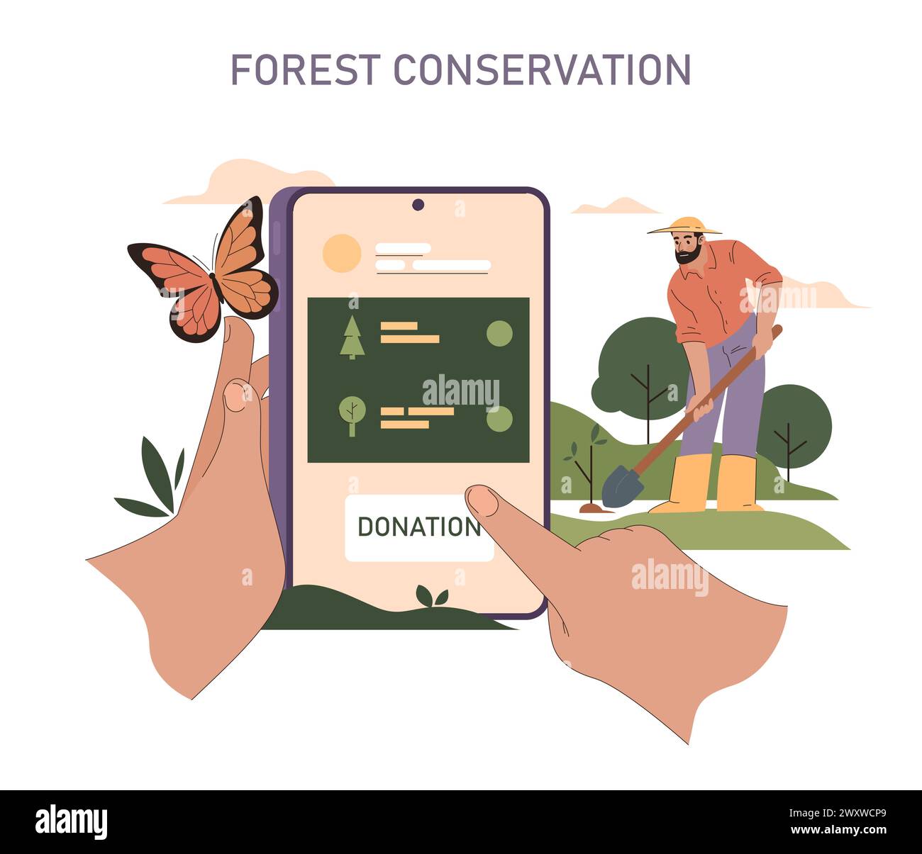 Ensemble de développement durable. Plateforme numérique de dons soutenant la croissance des forêts. Efforts de reboisement menés par l'interaction communautaire. Papillon signifie l'équilibre délicat de la nature. Illustration vectorielle. Illustration de Vecteur