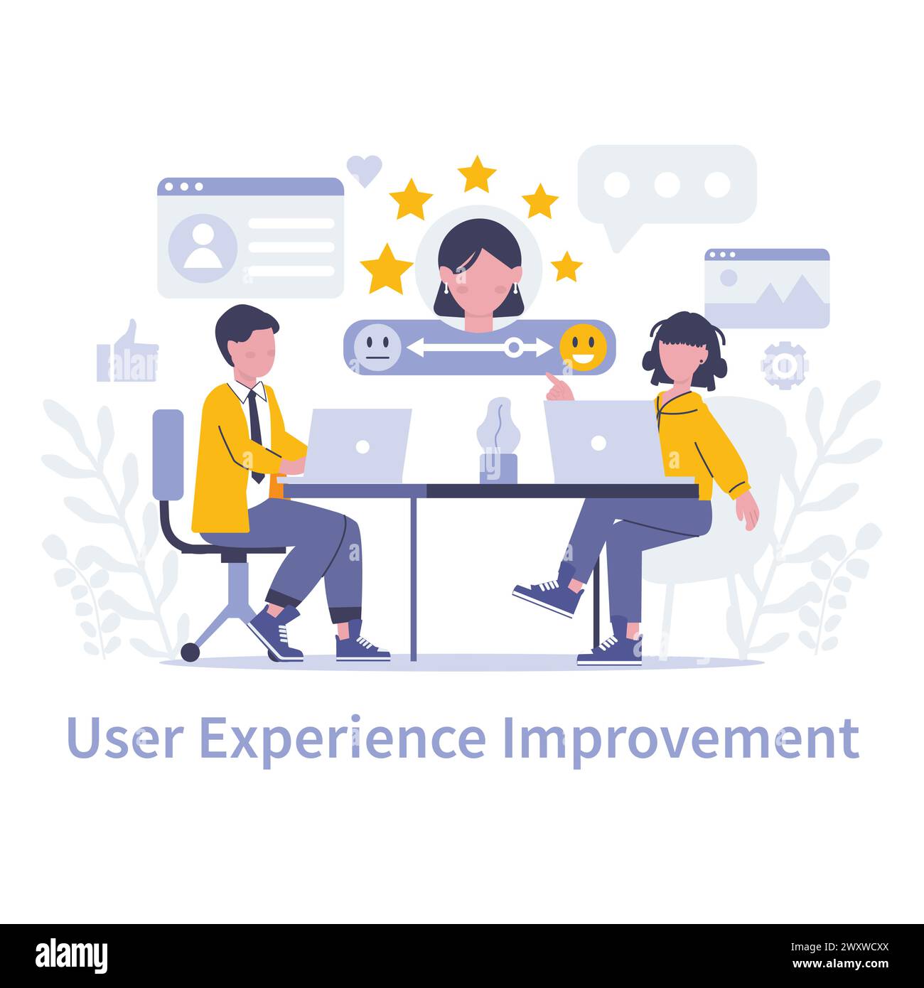 Concept d'amélioration de l'expérience utilisateur. Équipe spécialisée analysant les indicateurs de satisfaction client pour des services numériques améliorés. Renforcer l'engagement des utilisateurs en ligne. Illustration vectorielle. Illustration de Vecteur