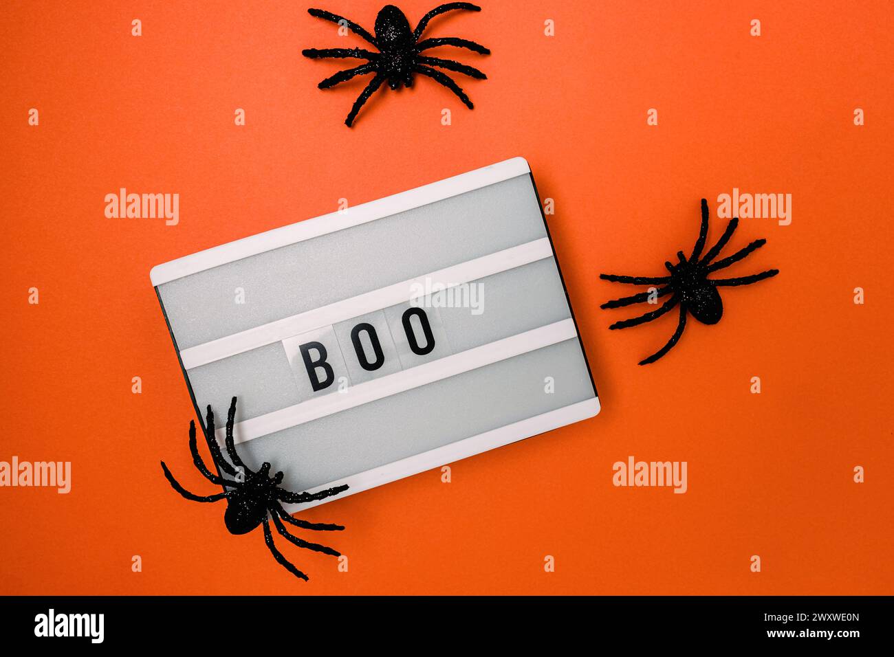 Décor minimal d'Halloween, visionneuse avec le mot Boo et araignées Banque D'Images