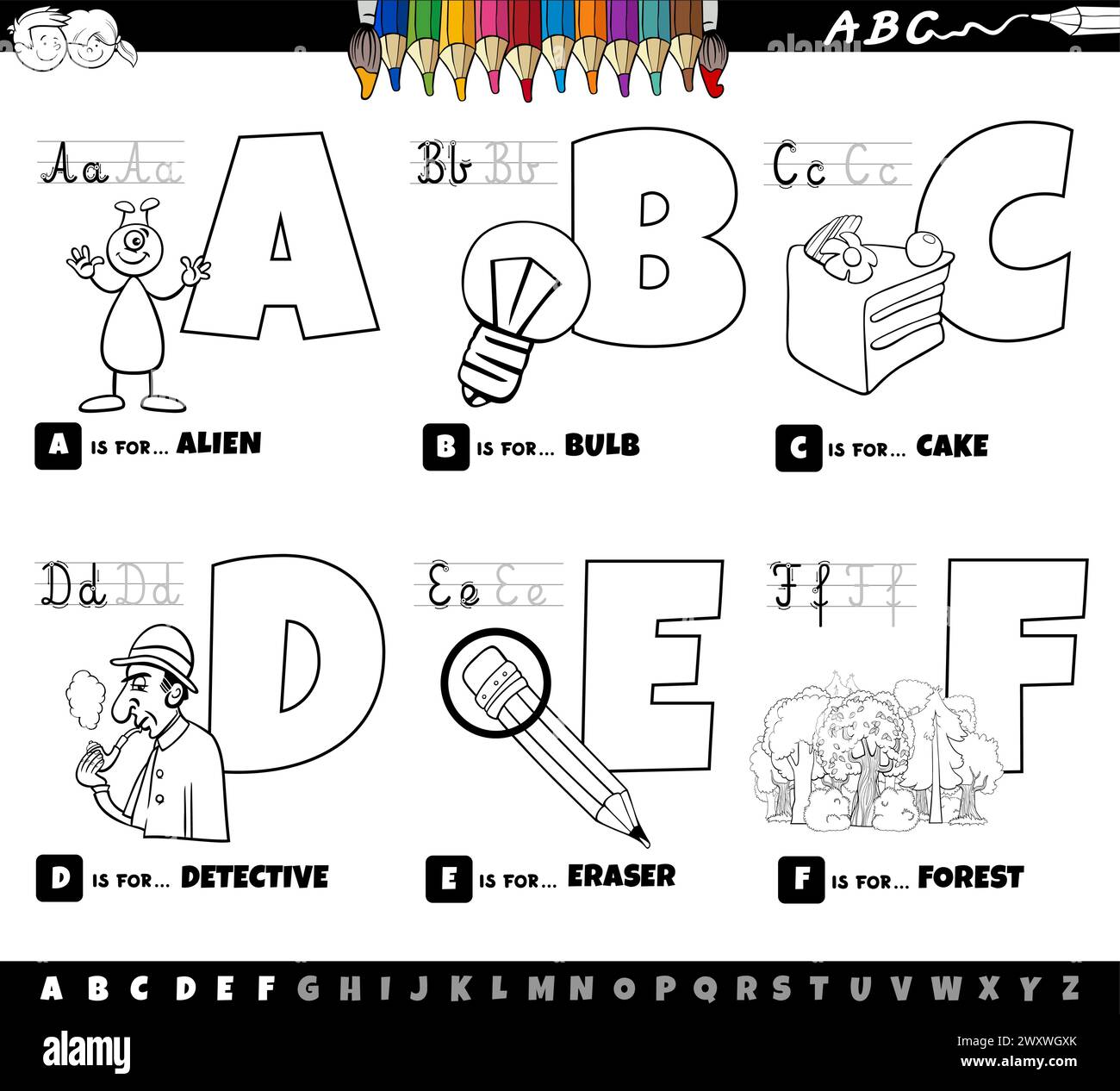 Dessin animé noir et blanc représentant des lettres majuscules de l'alphabet kit éducatif pour la pratique de la lecture et de l'écriture pour les enfants de Couleur a à F Illustration de Vecteur