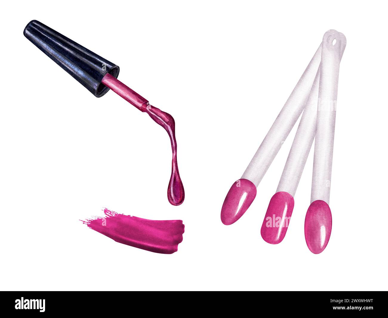 Brossez avec des gouttes de vernis à ongles. Vernis et palette de couleurs qui s'égouttent. pour la beauté, la manucure. Illustration aquarelle. Pour saluer, marketing Banque D'Images