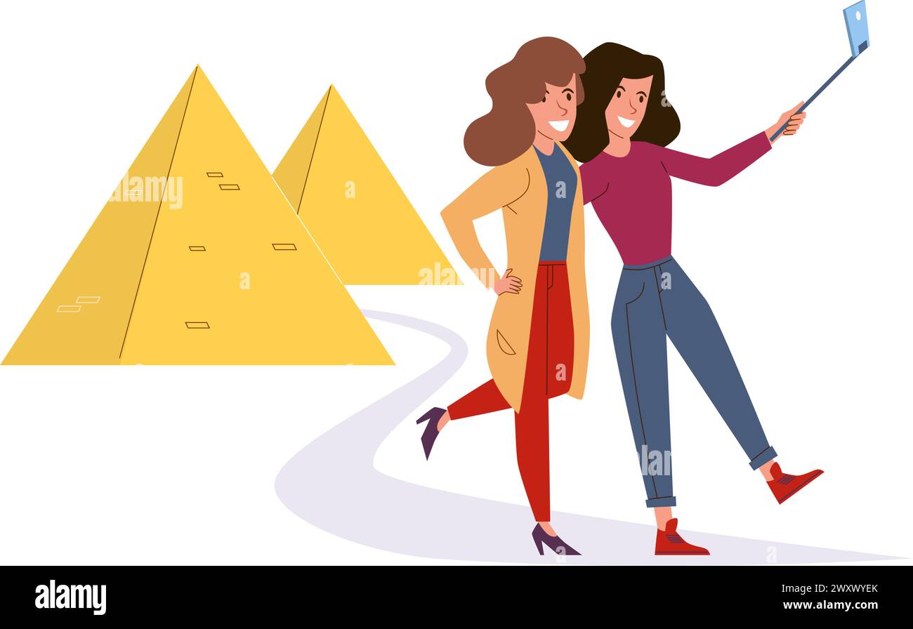 Les gens font des selfies. Heureux amis prenant des photos en vacances. Souvenirs en voyage. Des femmes debout près des pyramides égyptiennes. Touristes en lieu historique Illustration de Vecteur