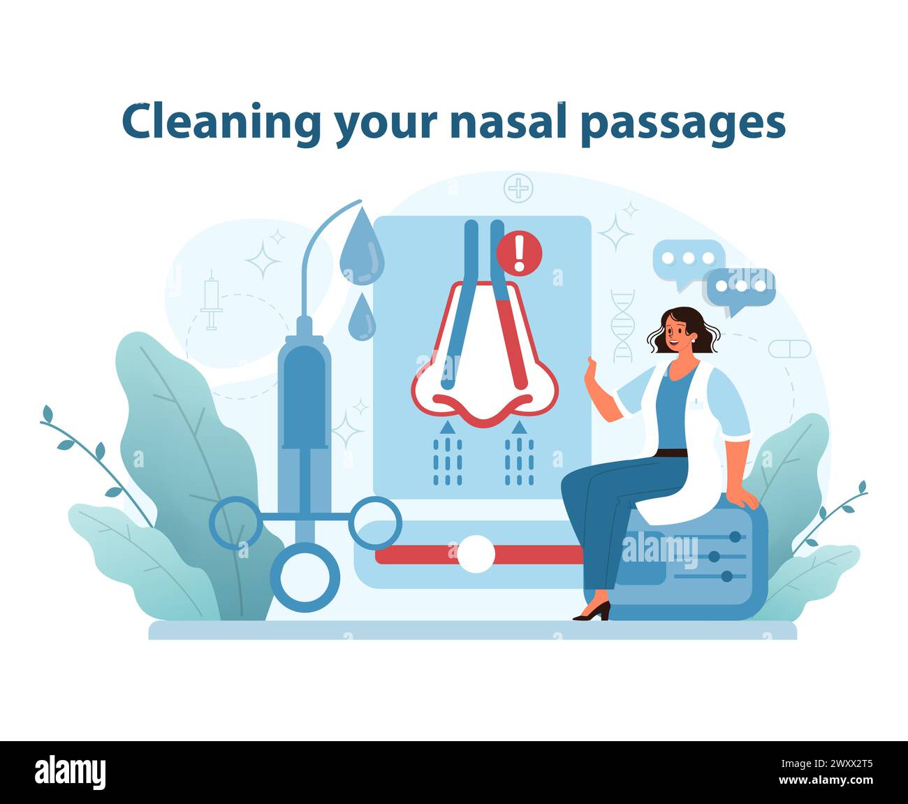 Illustration du processus de nettoyage nasal. Met en valeur une personne apprenant sur l'irrigation nasale avec des outils médicaux pour maintenir des voies nasales claires et des soins olfactifs. Illustration de Vecteur