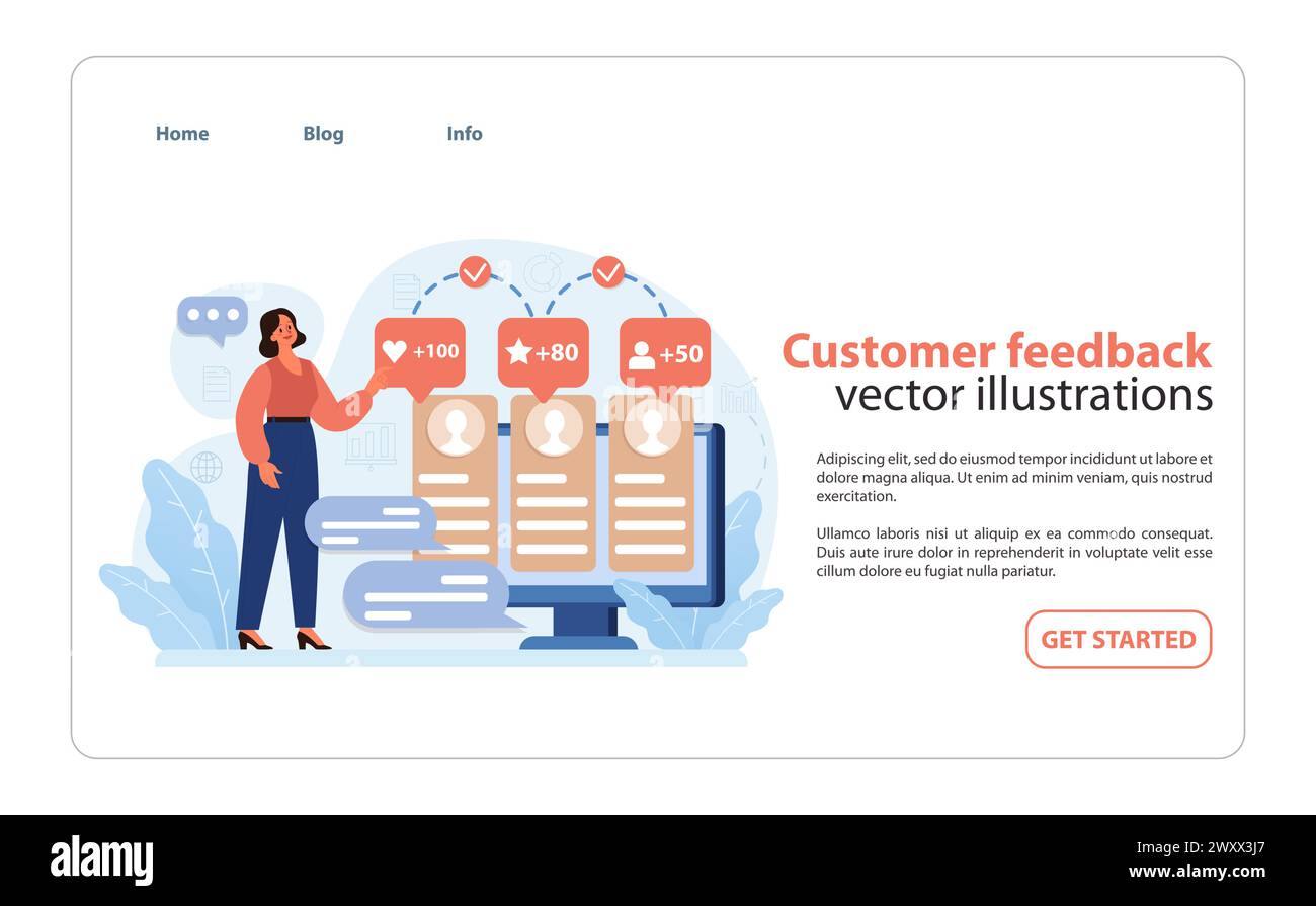 Feedback client dans l'ensemble engagement des consommateurs. Concept visuel d'une femme analysant les avis et les notes des clients pour améliorer la qualité du service et la satisfaction. Illustration de Vecteur