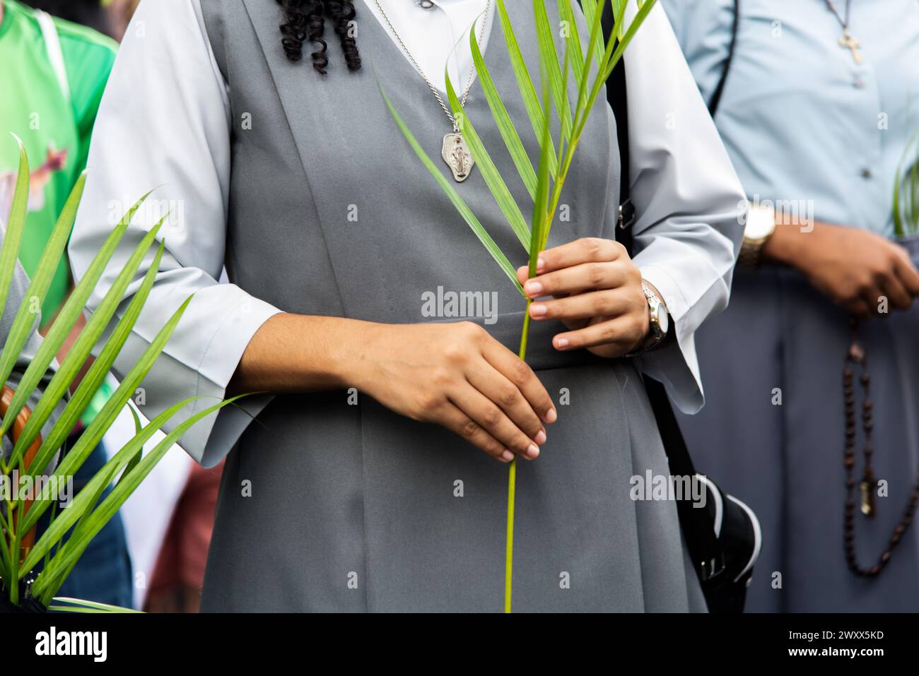 Salvador, Bahia, Brésil - 14 avril 2019 : des catholiques participent à la procession du dimanche des Rameaux dans la ville de Salvador, Bahia. Banque D'Images