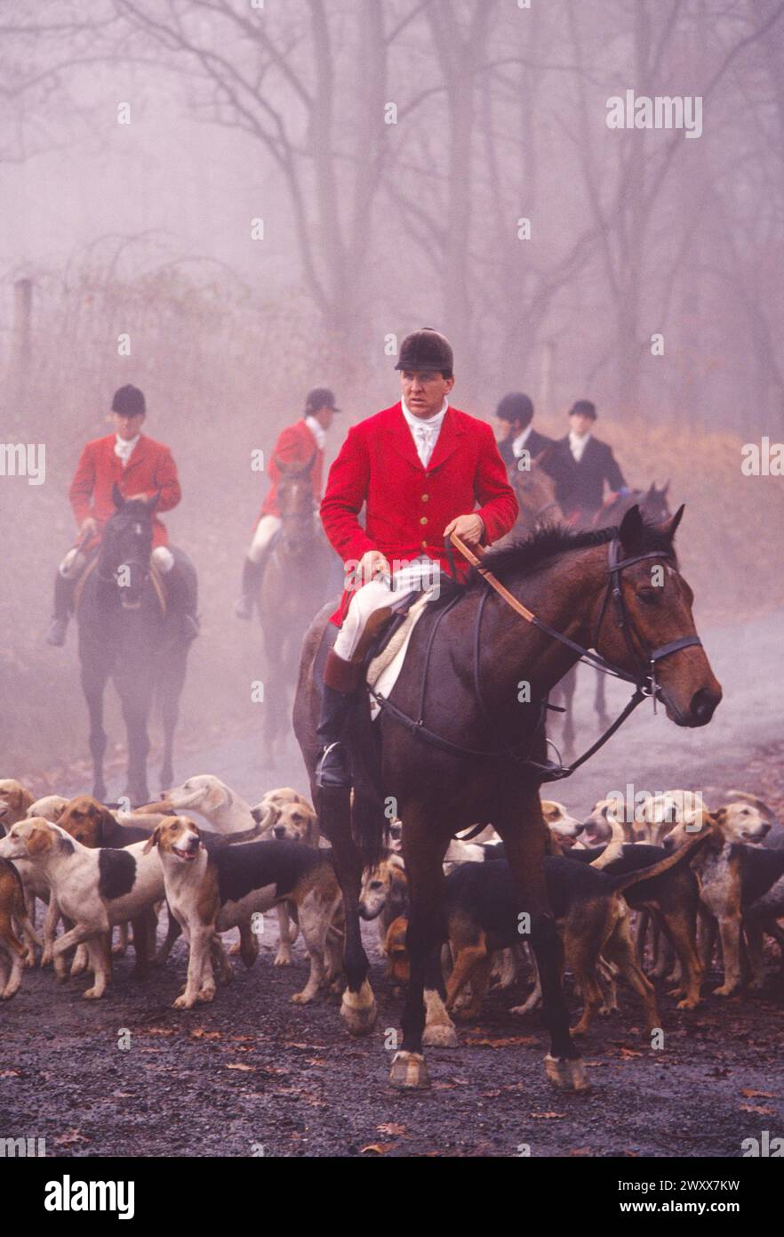 BRUMEUSE VUE BRUMEUSE DE LA CHASSE AU RENARD À CHEVAL, CHESHIRE FOXHOUNDS, FERME RUNNYMEADE, COMTÉ DE CHESTER, PENNSYLVANIE, ÉTATS-UNIS Banque D'Images