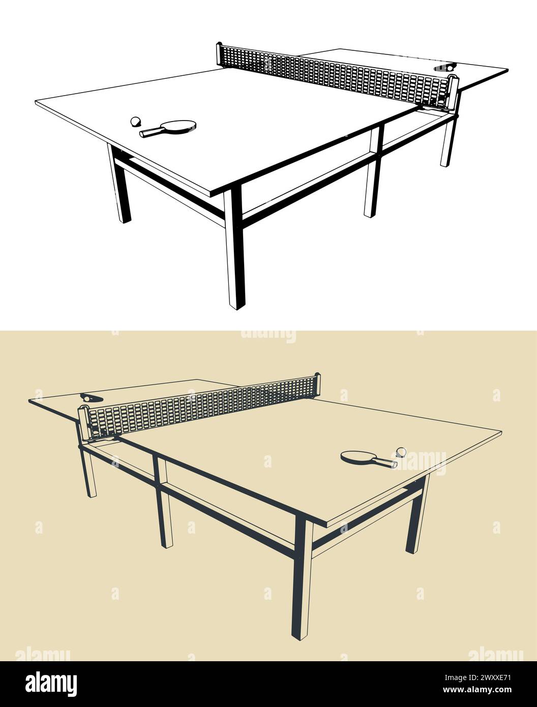 Illustrations vectorielles stylisées de table de tennis de table avec raquettes et balle Illustration de Vecteur