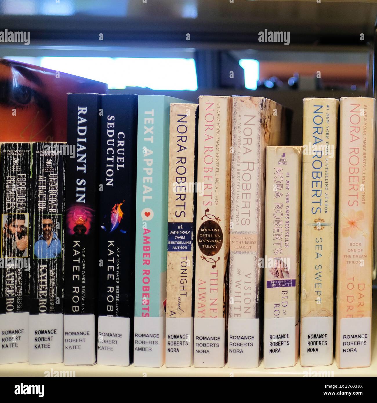Bibliothèque bibliothèque avec des titres de livres d'auteurs de romance américains Nora Roberts, Amber Roberts, Katee Roberts ; romans de romance, livres, fiction populaire. Banque D'Images
