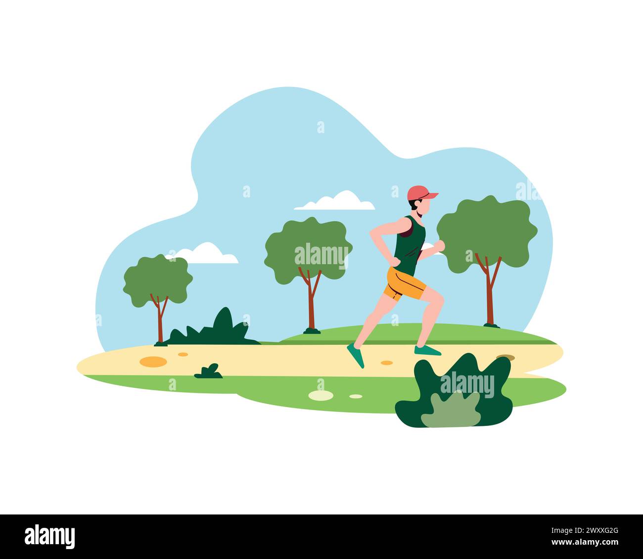 Un homme qui fait du jogging dans le parc. Conception plate simple pour les personnes actives dans le sport et concept de vie saine. Illustration de Vecteur
