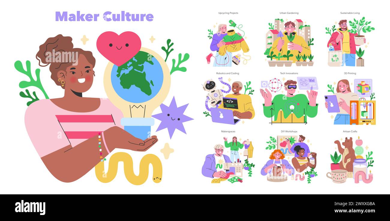 Maker culture Set les esprits créatifs s'engageant dans des pratiques durables, le jardinage urbain et les compétences technologiques innovantes artisanales rencontrent la technologie moderne de bricolage illustration vectorielle Illustration de Vecteur