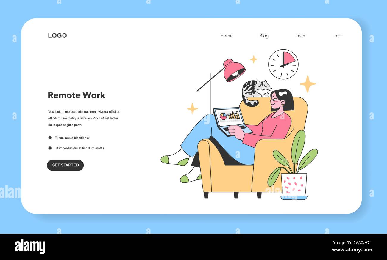 La femme satisfaite aime travailler à distance depuis un fauteuil confortable, analyser les graphiques sur son ordinateur portable, accompagnée de son ami félin, avec une horloge marquant les heures productives. Profiter des avantages du bureau à domicile Illustration de Vecteur