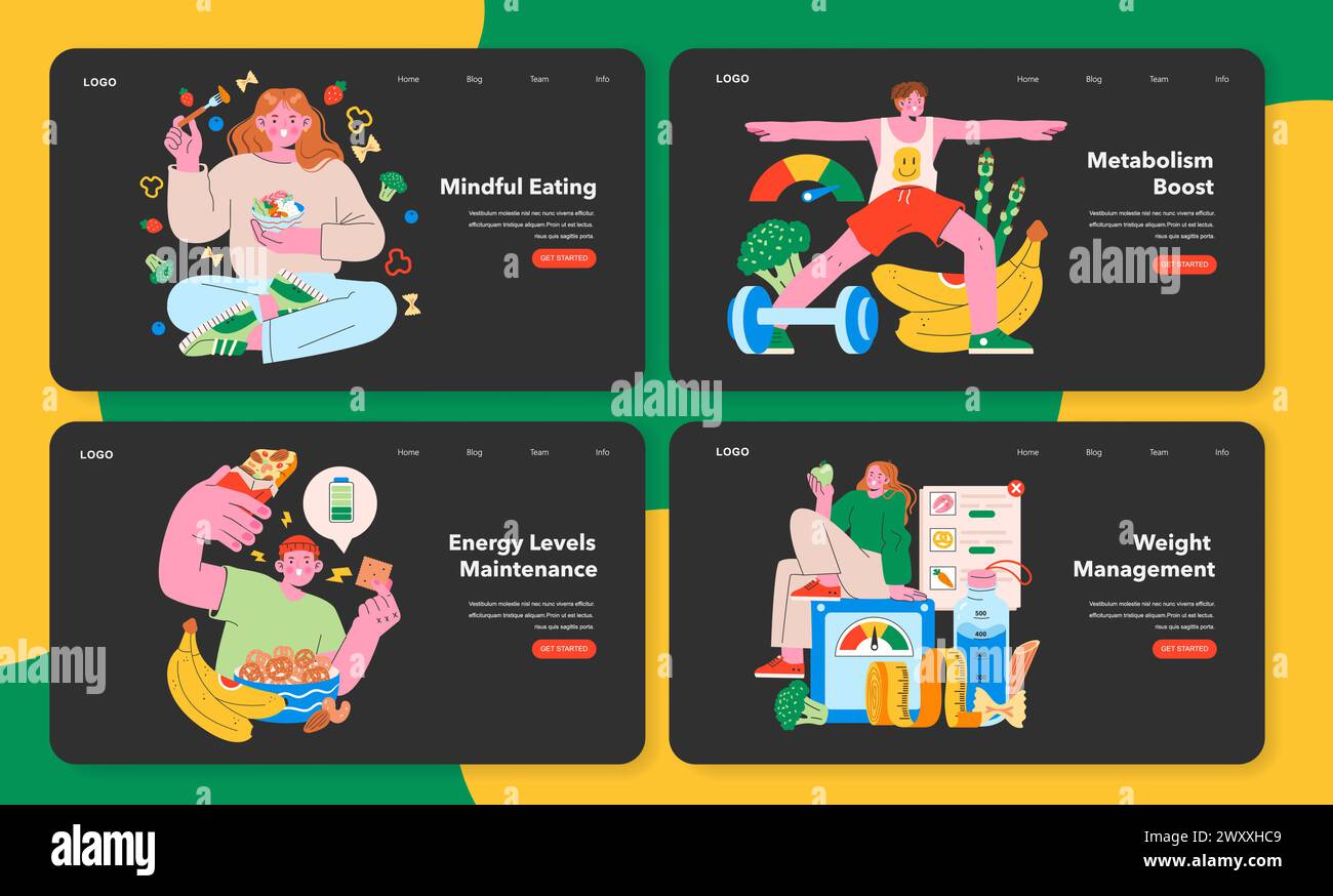 Série des habitudes nutritionnelles. Mettant l'accent sur l'alimentation consciente, le renforcement du métabolisme, le maintien du niveau d'énergie, et la gestion du poids par l'alimentation. Illustration vectorielle Illustration de Vecteur