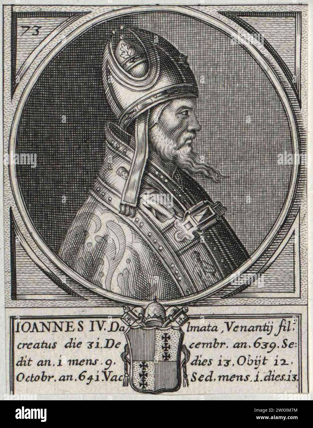 Gravure du XVIe siècle du pape Jean IV qui fut pontife de AD640 à AD642. Il était le 72e pape. Banque D'Images