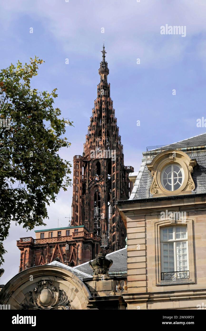 Cathédrale notre Dame de Strasbourg, Cathédrale notre Dame de Strasbourg, tour en briques pointues d'une cathédrale s'élève dans le ciel nuageux, Strasbourg Banque D'Images