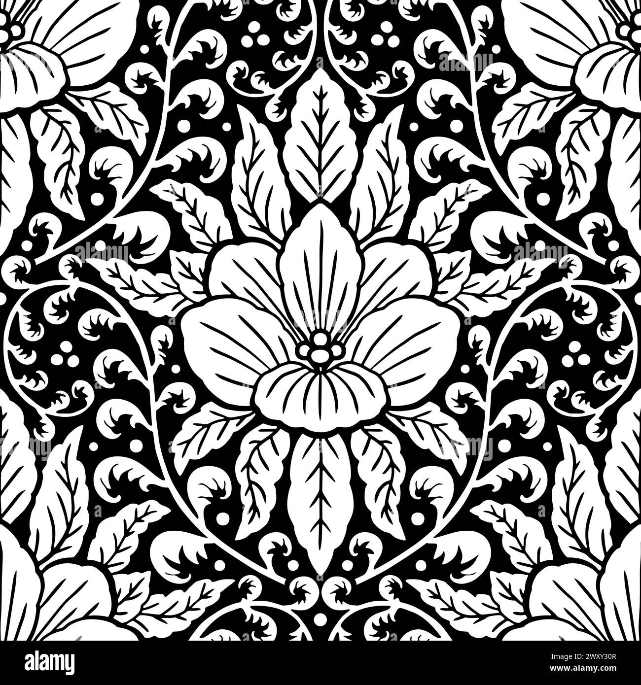 Motif Damas blanc sans couture sur un fond noir. Illustration de Vecteur