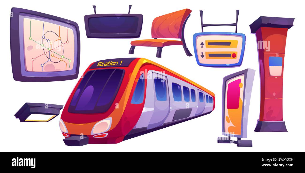 Train de métro et ensemble d'équipement de plate-forme. Ensemble d'illustration vectorielle de dessin animé d'éléments modernes intérieurs de station de métro - wagon de chemin de fer électrique et panneaux indicateurs, carte et panneau d'affichage, banc pour l'attente et la colonne Illustration de Vecteur