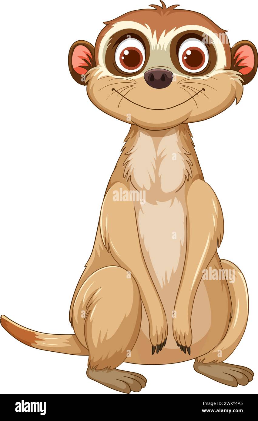 Suricate mignonne et souriante assise debout sur fond blanc. Illustration de Vecteur
