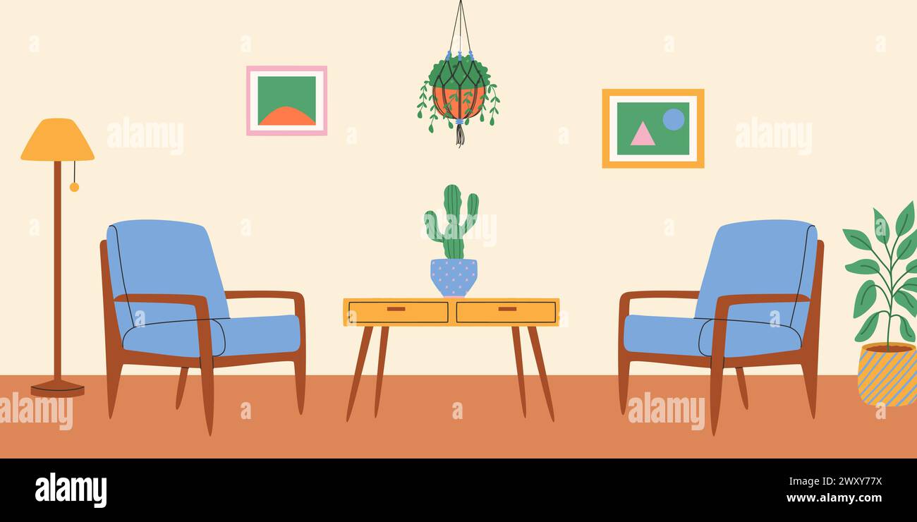 Intérieur du salon avec fauteuils et plante de macramé. Illustration vectorielle Illustration de Vecteur