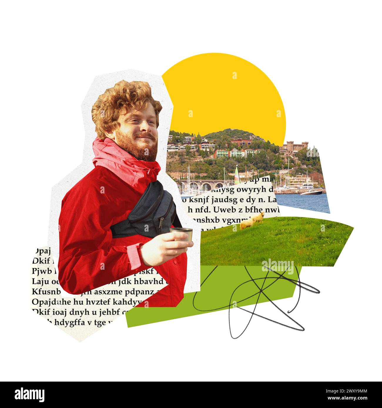 Affiche. Collage d'art contemporain. Homme avec tasse de café regarde la vie de la ville, admire les sites. Dans le monde entier. Banque D'Images