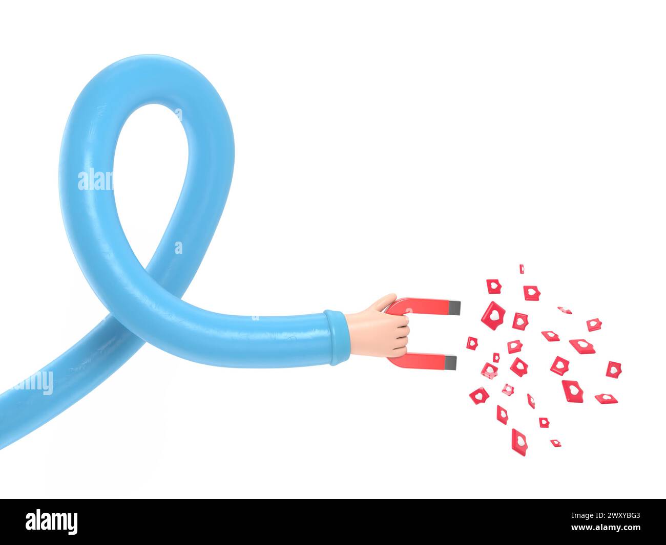 Aimant de maintien de main humaine avec coeur d'épingle. Concept de concept d'attirer un public. Métaphore SMM, révélant le concept de followers.long Arms co Banque D'Images