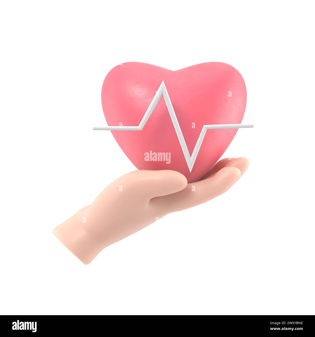 rendu 3d. Icône de fréquence cardiaque médicale. Médecin ou cardiologue main de dessin animé tenant le cœur avec la ligne de la carte. Healthcare illustration.rendu 3D sur blanc b Banque D'Images