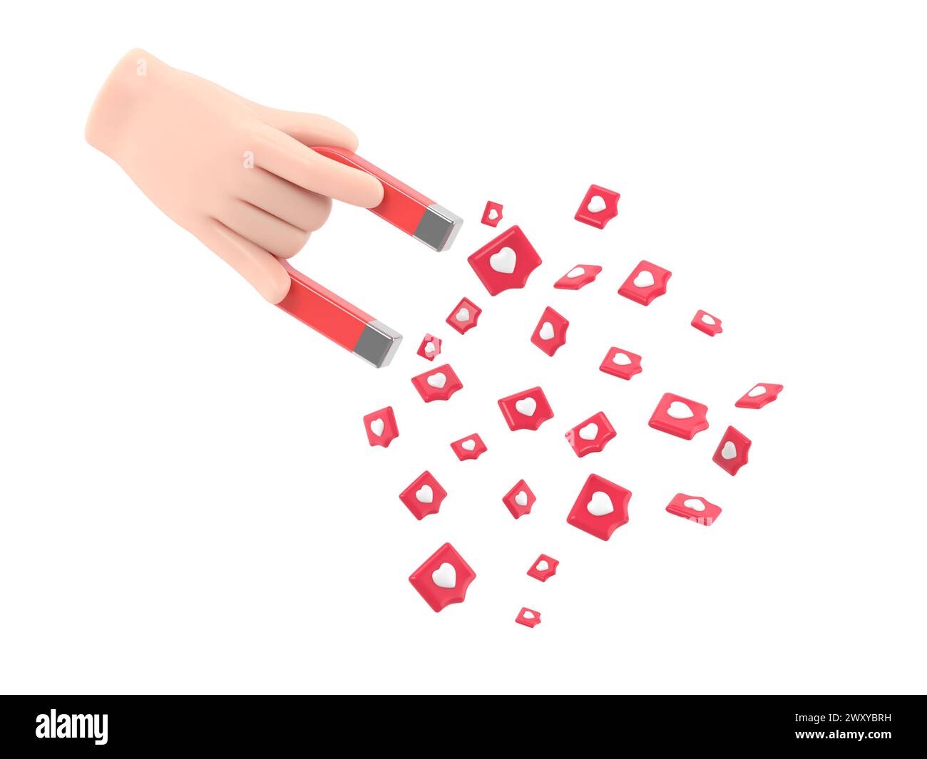 Aimant de maintien de main humaine avec coeur d'épingle. Concept de concept d'attirer un public. Métaphore SMM, révélant le concept de rendu followers.3D. Banque D'Images