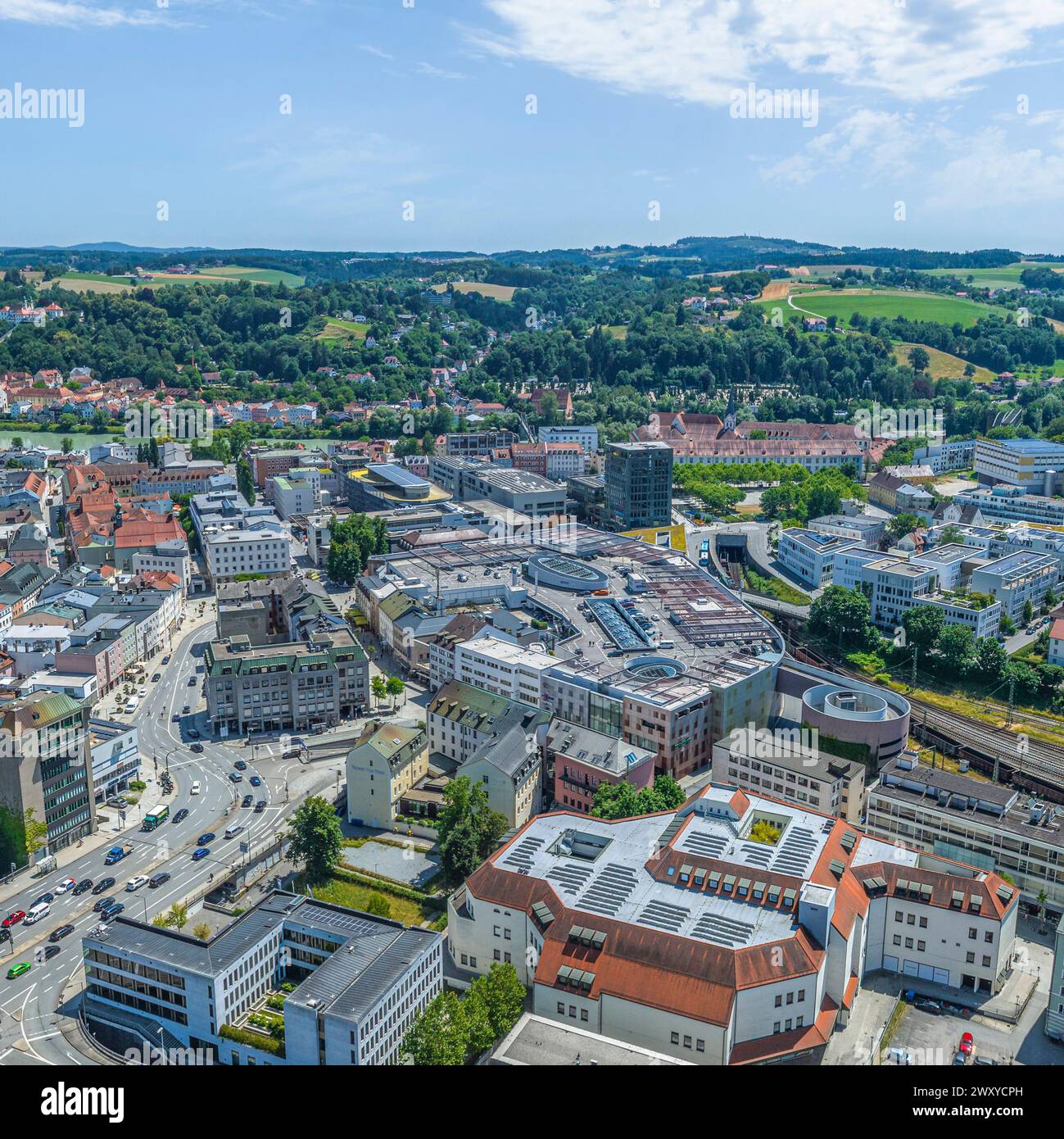Vue aérienne de la belle ville à trois rivières de Passau en basse-Bavière Banque D'Images
