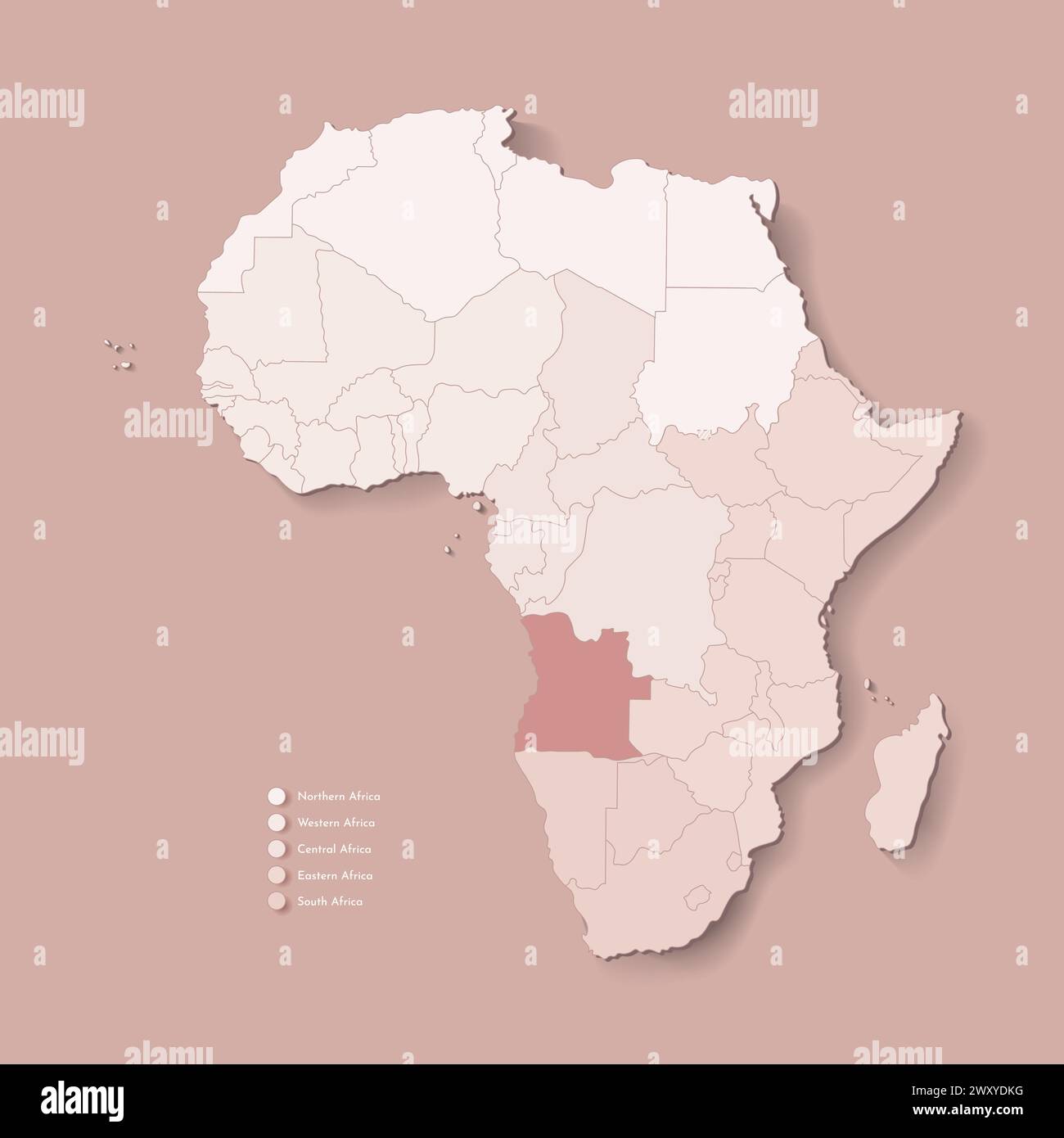 Illustration vectorielle avec le continent africain avec les frontières de tous les états et pays marqué Angola. Carte politique en brun chameau avec centre, ouest, Illustration de Vecteur
