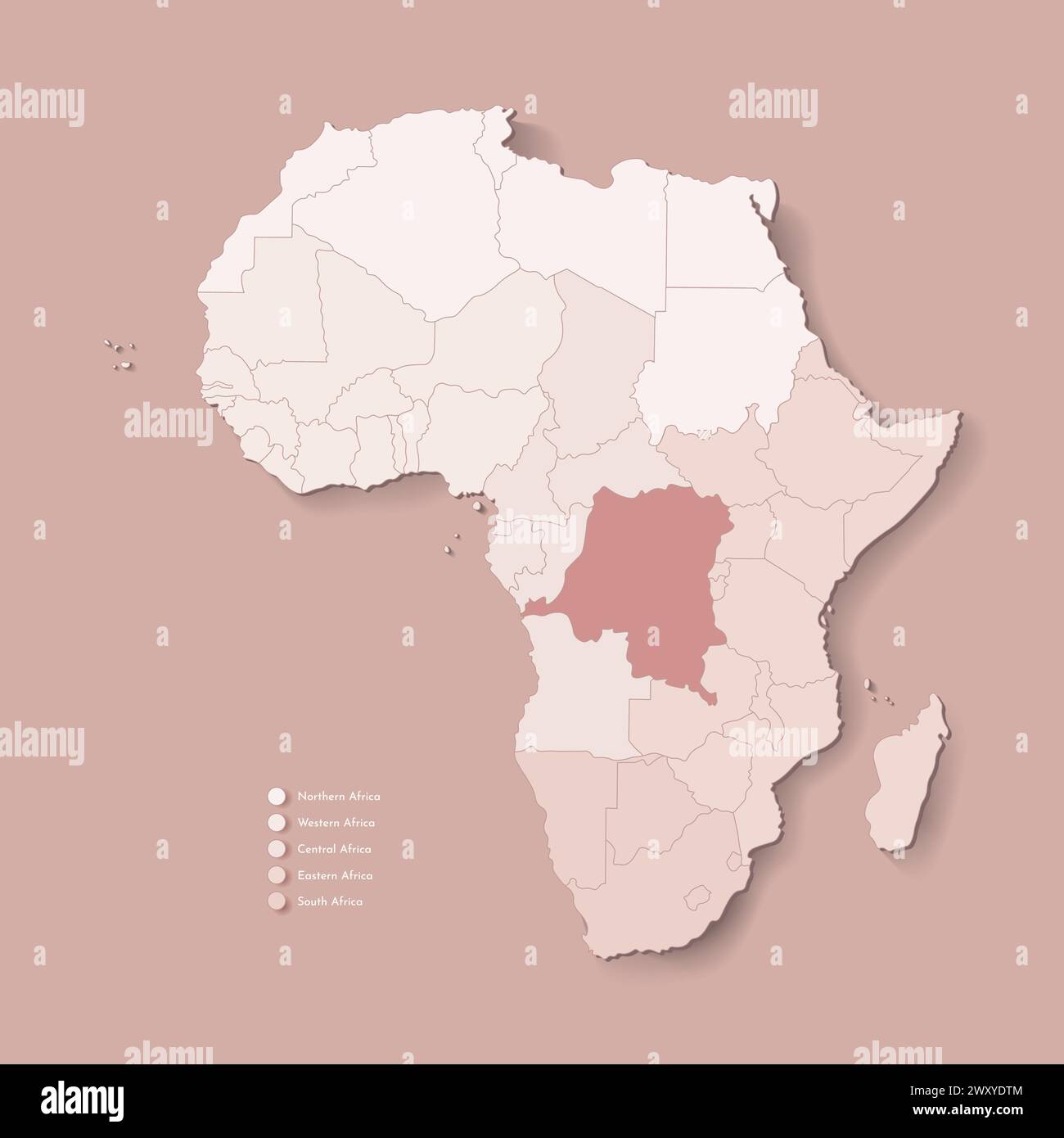 Illustration vectorielle avec le continent africain avec les frontières de tous les états et marqué pays République démocratique du Congo. Carte politique en colo brun Illustration de Vecteur