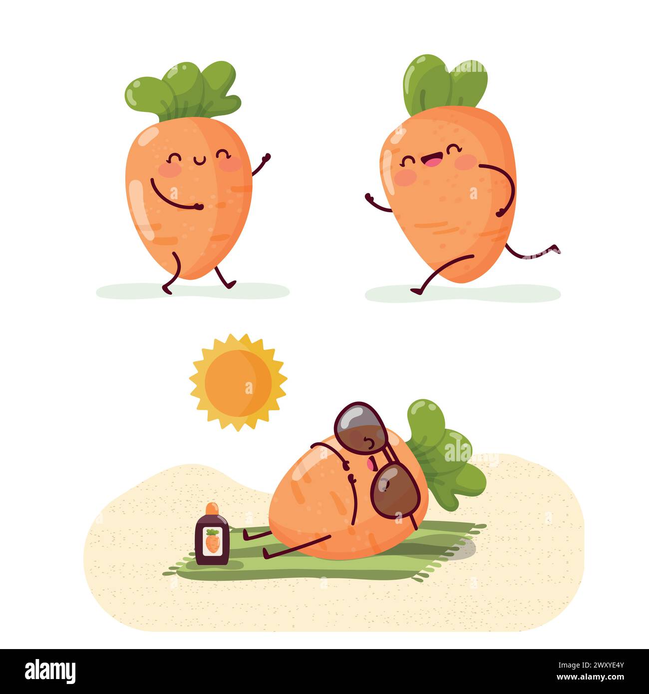 Ensemble de carottes drôles qui marchent, courent et prennent le soleil. Illustration vectorielle isolée Illustration de Vecteur