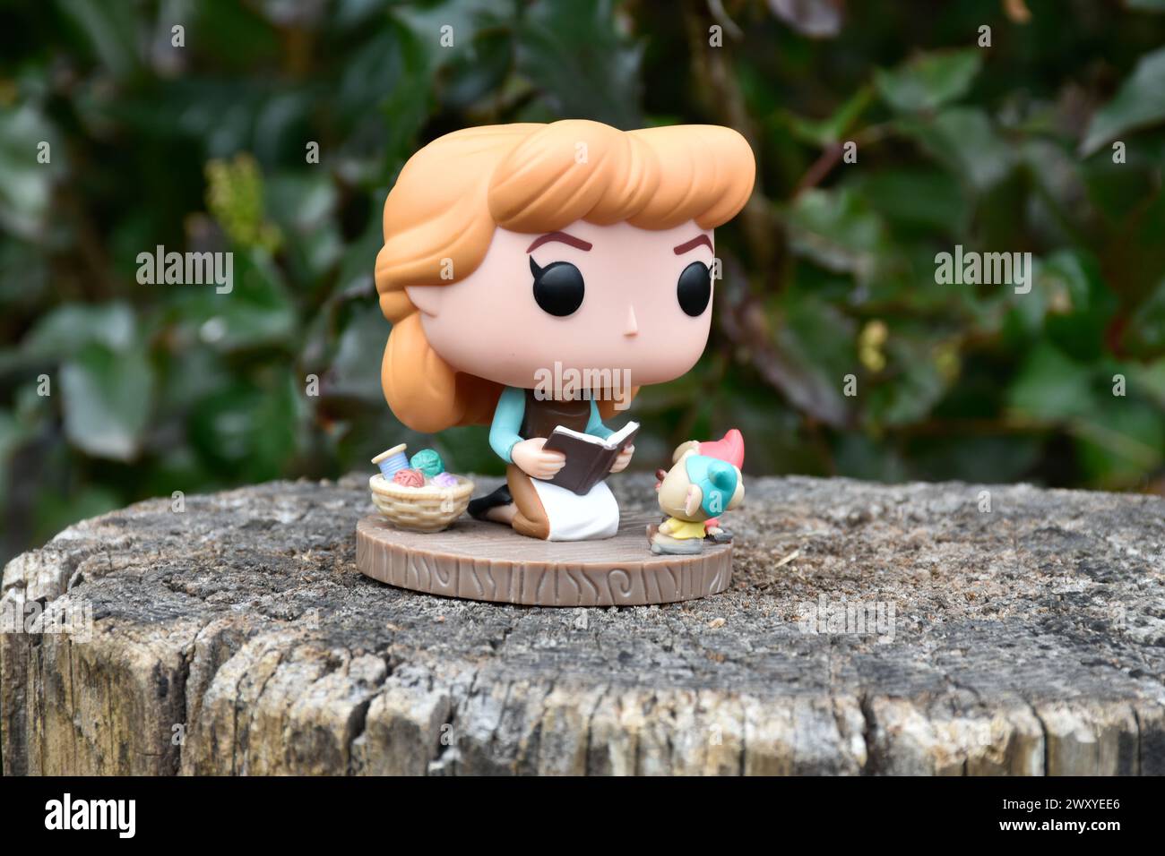 Funko Pop figurine d'action de la princesse Disney Cendrillon en robe de ménage avec livre. Forêt sombre, ambiance fabuleuse, souche d'arbre, feuilles vertes. Banque D'Images